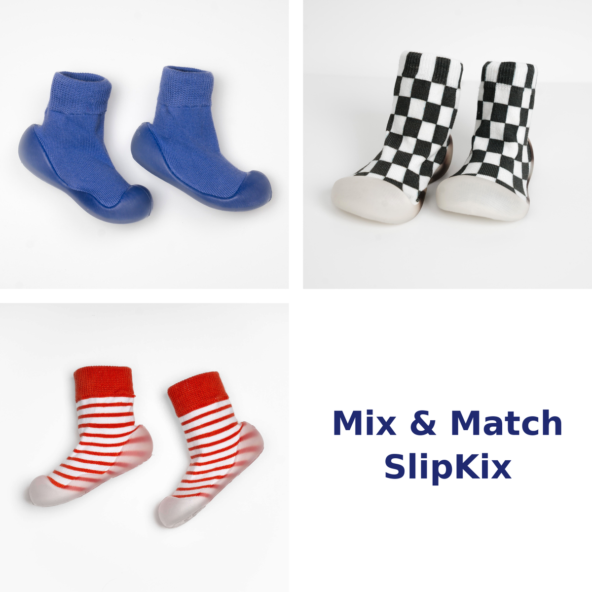 Mix & Match SlipKix toddler sock shoes - Periwinkle, checkered White, and Red pairs