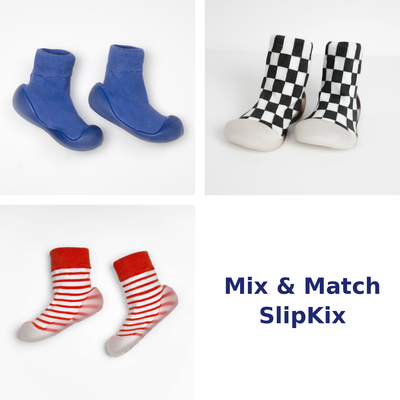 Mix & Match SlipKix toddler sock shoes - Periwinkle, checkered White, and Red pairs